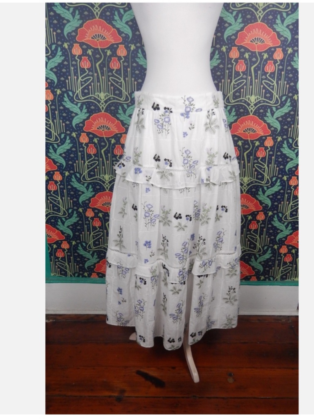 Pearl By Lela Rose White Embroidered Maxi Long Tiered Cotton Skirt 14